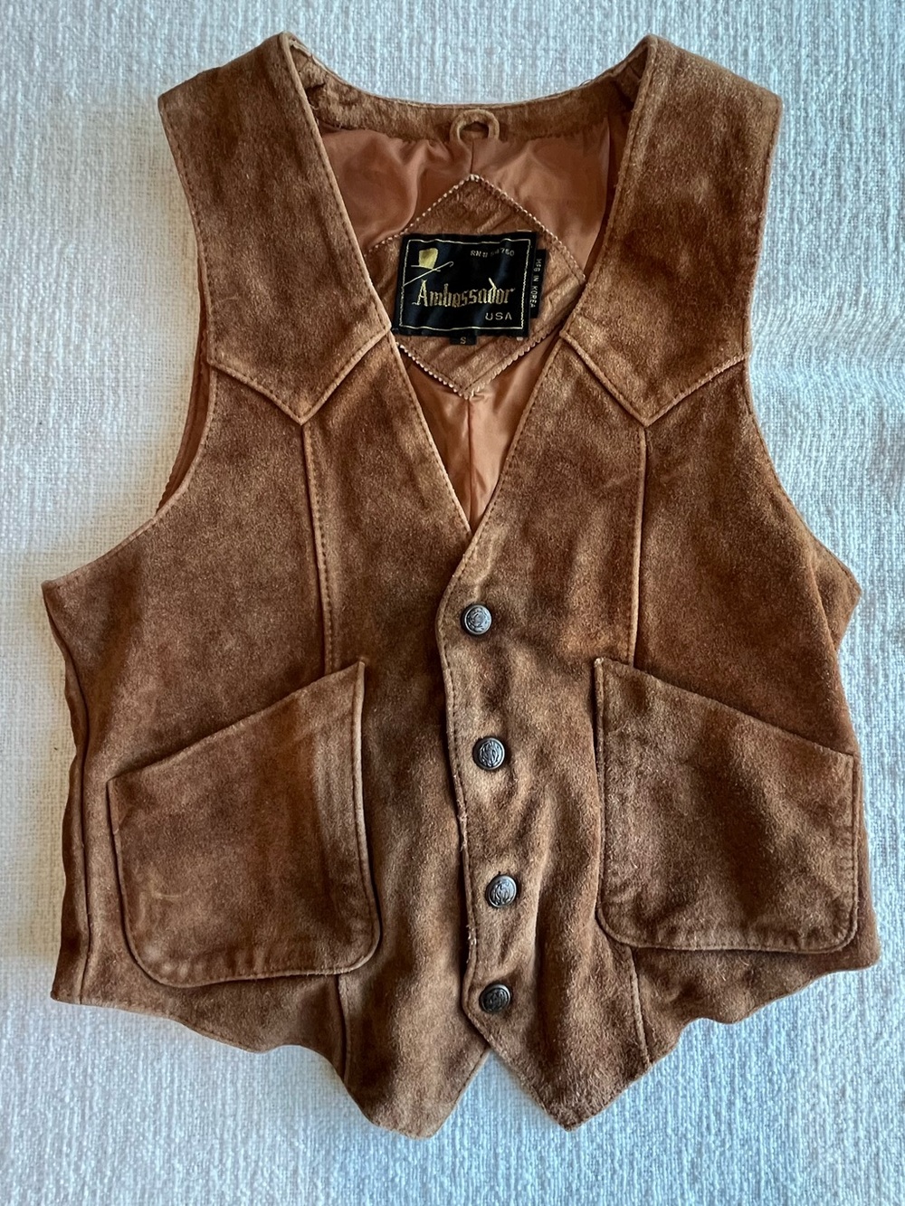Vintage 70s Western Suede Leather Vest Unisex Brown Cowboy Punk Small XS
